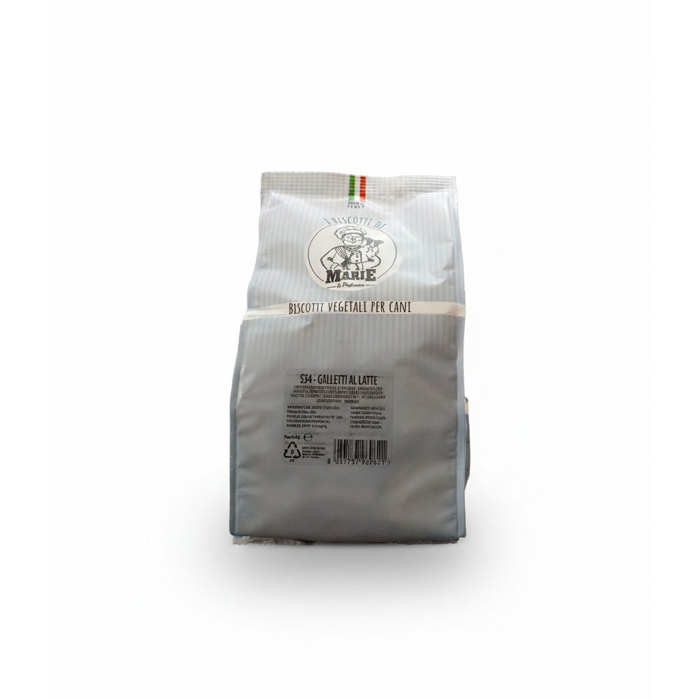 Confezione da 400g di Biscotti Marie Vegetali per cani a forma di Galletti, aromatizzati al latte, snack leggero senza carne, sale, zuccheri, lieviti e olio di palma.