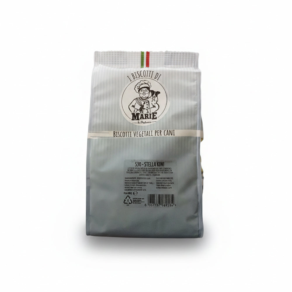 Confezione da 400g di Biscotti Marie Vegetali per cani a forma di stella, aromatizzati al kiwi, snack light senza carne, sale, zuccheri e lieviti.