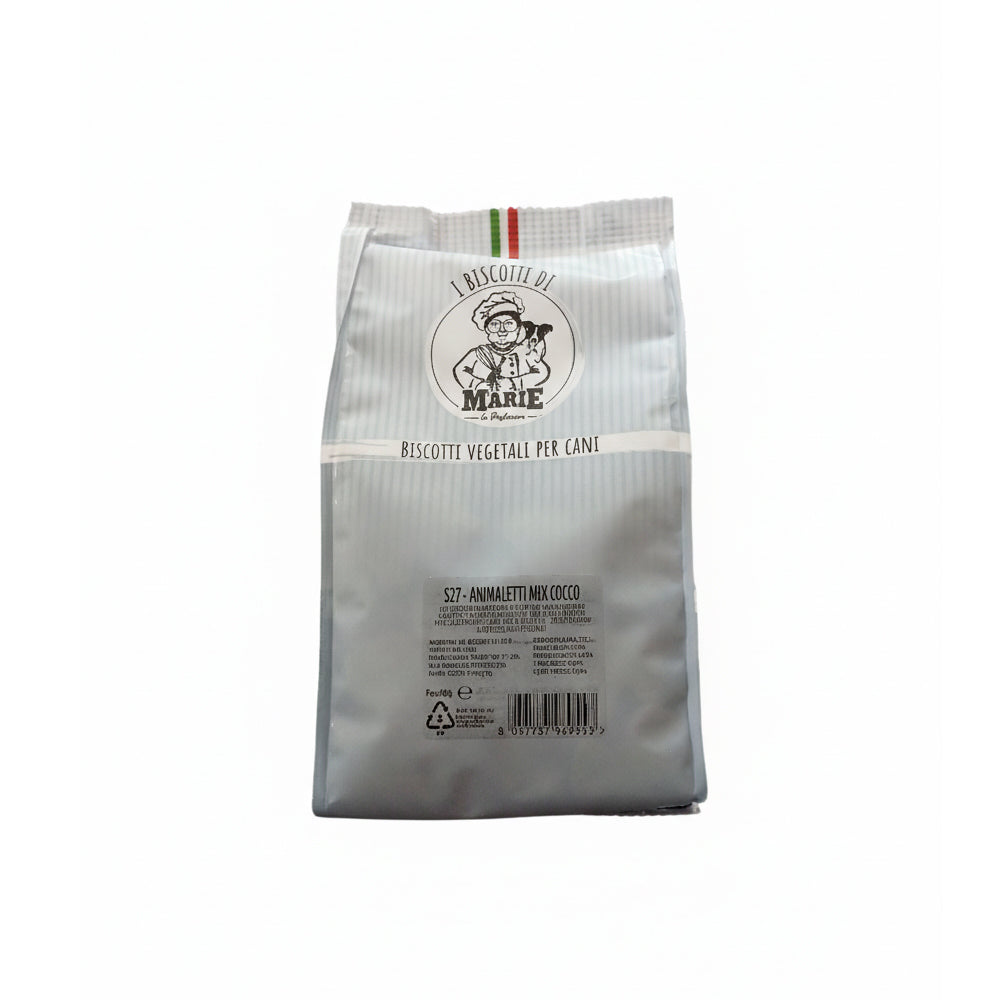 Confezione da 400g di Biscotti Marie Vegetali al cocco per cani, snack a forma di animaletti, senza carne, sale, zuccheri e lieviti
