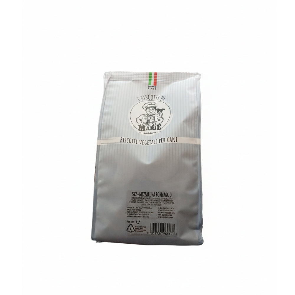 Confezione da 400g di Biscotti Marie Vegetali per cani a forma di mezzaluna, aromatizzati al formaggio, snack leggero senza carne, sale, zuccheri e lieviti.