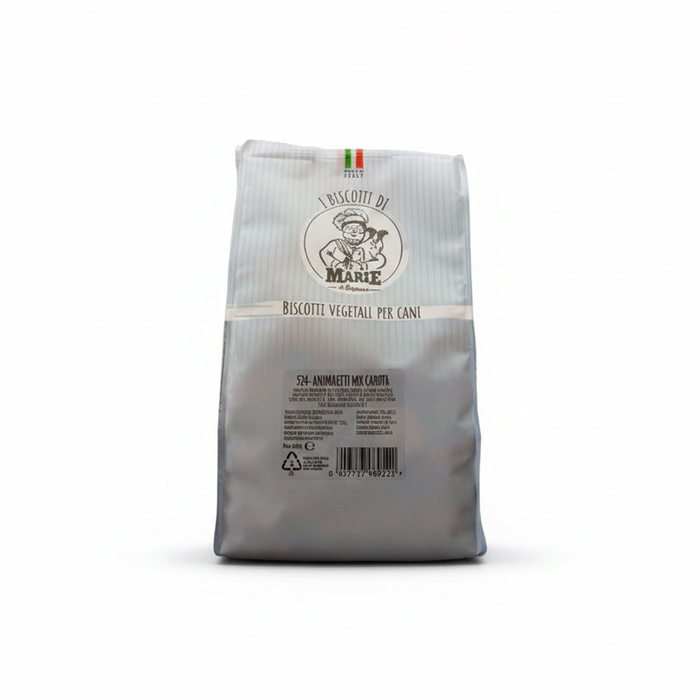 Confezione di Biscotti Marie Vegetali alla carota per cani da 400g, snack a forma di animaletti colorati, senza carne, sale, zuccheri e lieviti.