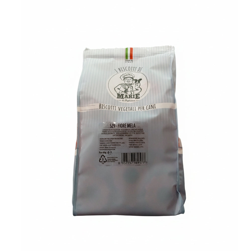 Confezione da 400g di Biscotti Marie Vegetali per cani a forma di fiore, aromatizzati alla mela, snack senza carne, sale, zuccheri, lieviti e olio di palma.