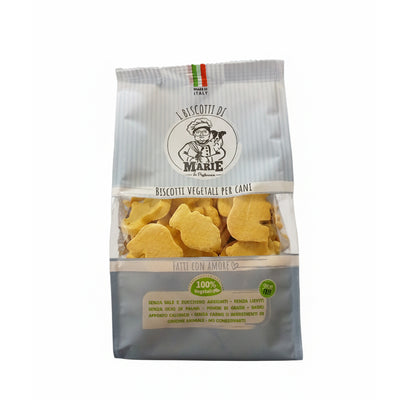 Confezione da 400g di Biscotti Marie Vegetali alla vaniglia per cani, premietti a forma di animaletti colorati, senza carne, sale, zuccheri, lieviti e olio di palma.