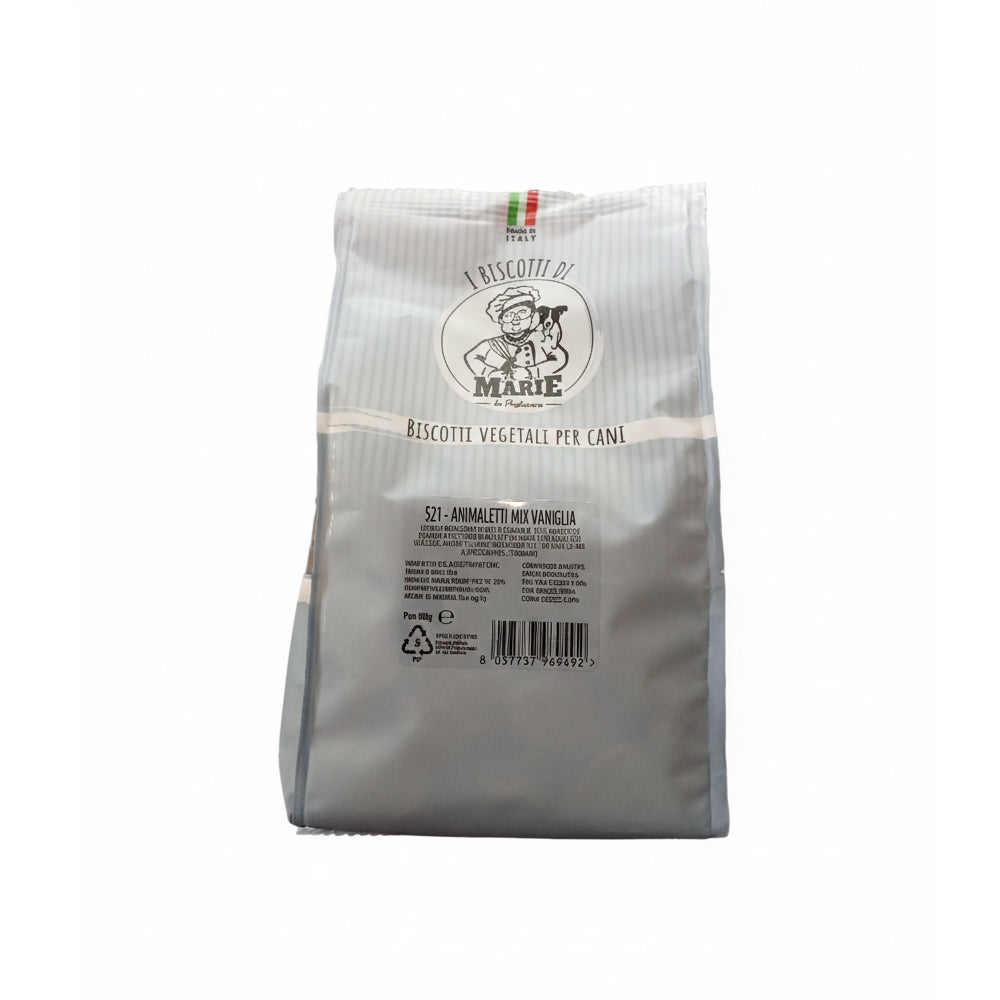 Confezione da 400g di Biscotti Marie Vegetali alla vaniglia per cani, premietti a forma di animaletti colorati, senza carne, sale, zuccheri, lieviti e olio di palma.