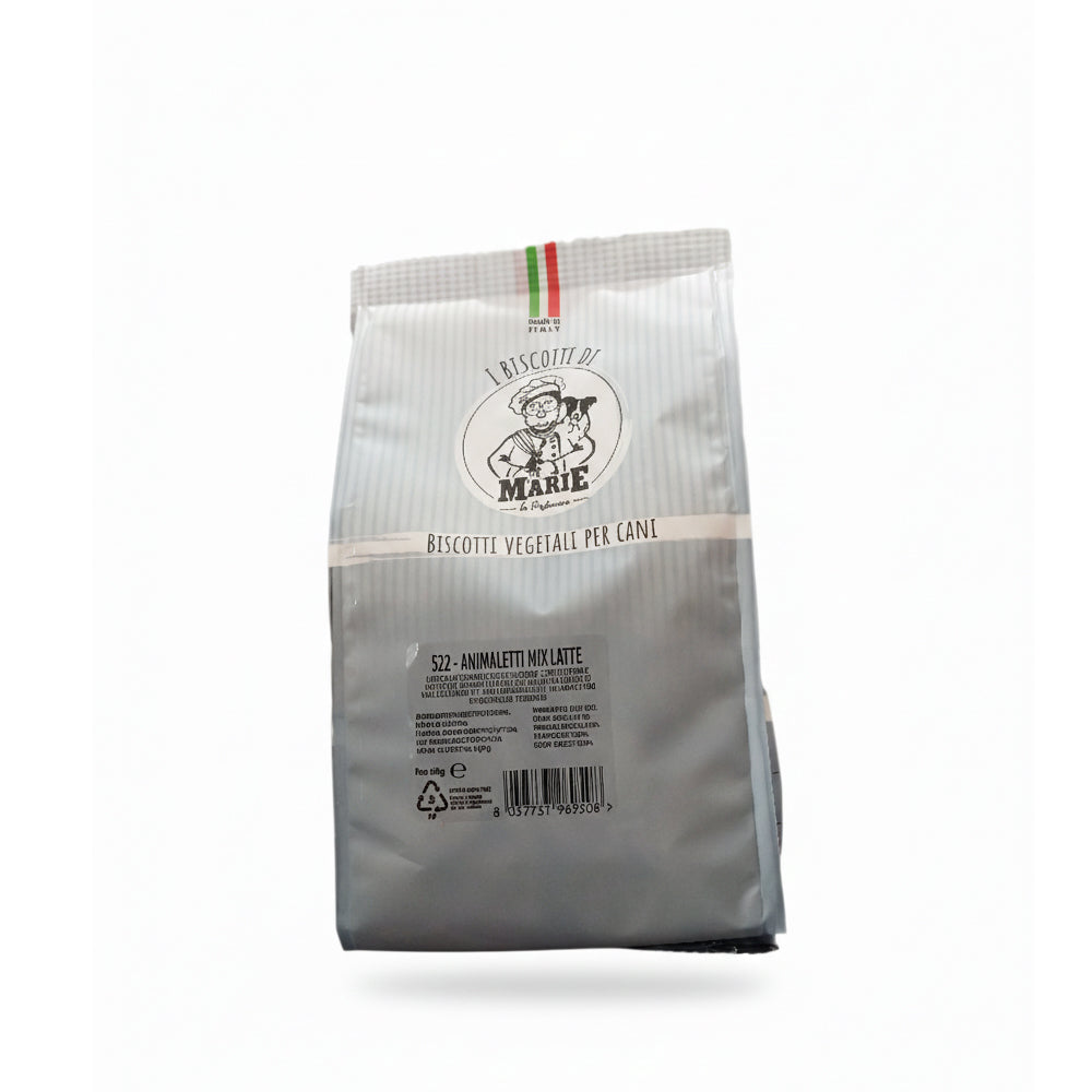 Confezione da 400g di Biscotti Marie Vegetali al latte per cani, snack a forma di animaletti mix, senza carne, sale, zuccheri, lieviti e olio di palma.