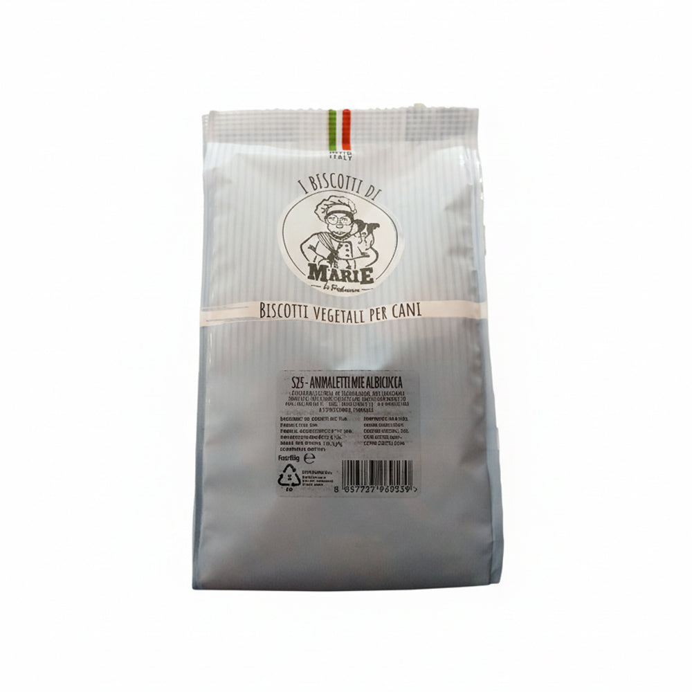 Confezione da 400g di Biscotti Marie Vegetali per cani, a forma di animaletti, gusto albicocca, senza carne, sale, zuccheri e lieviti aggiunti