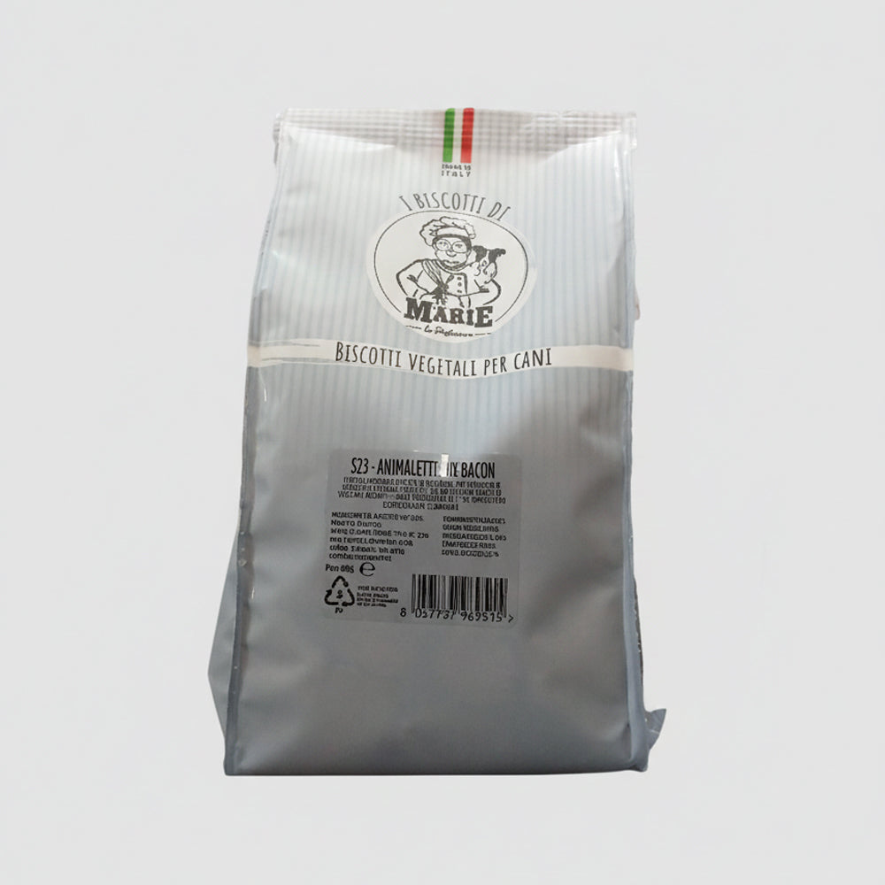 Confezione da 400g di Biscotti Marie Vegetali per cani, mix di animaletti colorati con aroma bacon, snack senza carne, sale e zuccheri aggiunti.