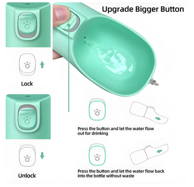 Borraccia portatile per cani e gatti con dispenser d'acqua e ciotola integrata, disponibile in bianco e verde, formati 350ml e 550ml, ideale per il viaggio e il trekking con animali domestici.