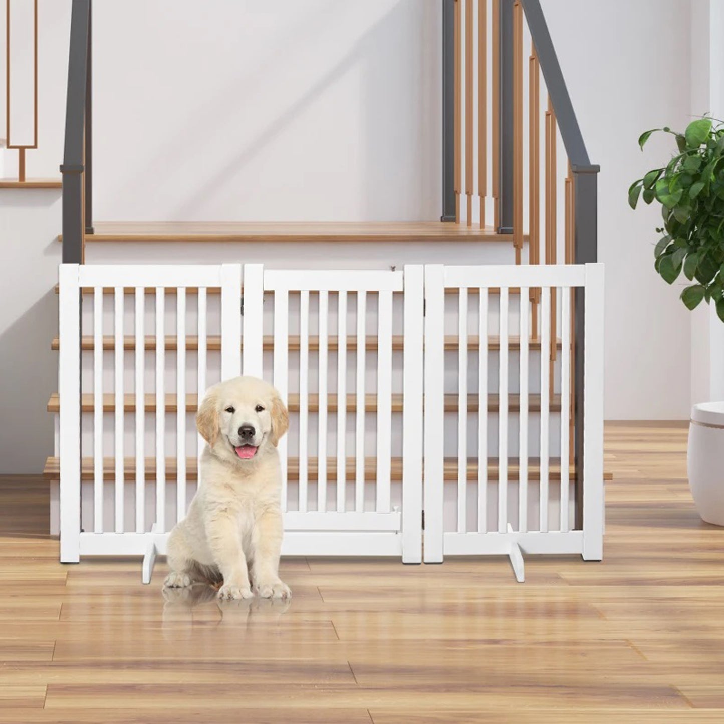 Cancelletto per Cani Pieghevole 3 Pannelli con Porta con blocco in MDF Bianco, 155x76 cm - Partenopet