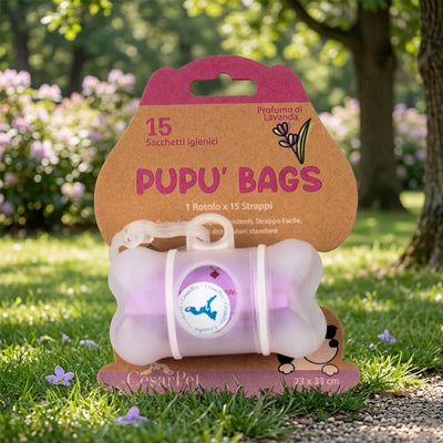 Dispenser portasacchetti igienici Cesarano Pupù Bags di colore lilla, agganciato a un guinzaglio, include sacchetti profumati alla lavanda.