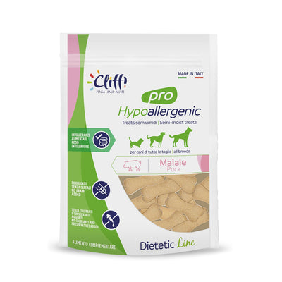 Confezione di Cliffi Pro Hypoallergenic Snack al maiale da 100g, premietti semiumidi monoproteici e senza cereali per cani sensibili o con intolleranze alimentari.