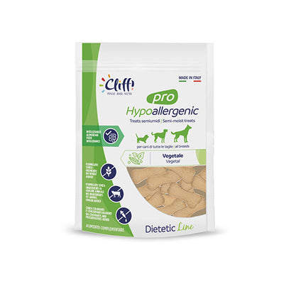 Confezione di Cliffi Pro Hypoallergenic Snack Vegetal da 100g, premietti semiumidi per cani senza proteine animali e senza cereali, ideali per diete di esclusione