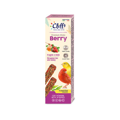 Astuccio Cliffi Sticks Berry per canarini da 60g, due bastoncini ai frutti di bosco e miele ricchi di vitamina C per il benessere e l'energia degli uccelli.