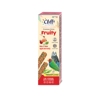 Confezione di Cliffi Sticks Fruity per pappagallini ed esotici da 60g, due bastoncini con frutta e miele ricchi di vitamine per la salute e la vitalità dei piccoli uccelli.