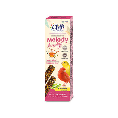 Astuccio di Cliffi Sticks Melody per canarini da 60g, due bastoncini con semi energetici e miele studiati per stimolare il canto e il vigore degli uccelli da compagnia.