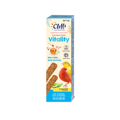 Confezione di Cliffi Sticks Vitality per canarini da 60g, bastoncini con semi della salute e miele per un'azione depurativa e disintossicante naturale.