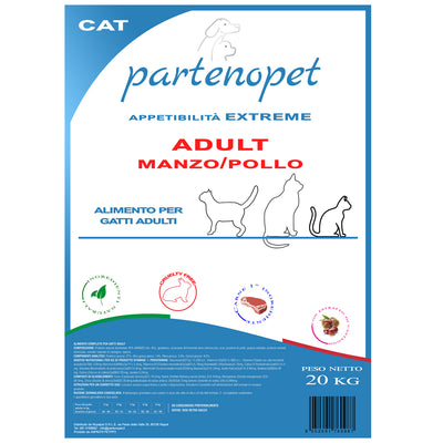Sacco crocchette da 20 kg per gatti adulti Partenopet gusto manzo e pollo