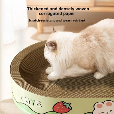 Cuccia tiragraffi integrata per gatti in cartone pressato ad alta densità. Disponibile in versione ovale e circolare, design moderno e resistente ai graffi.