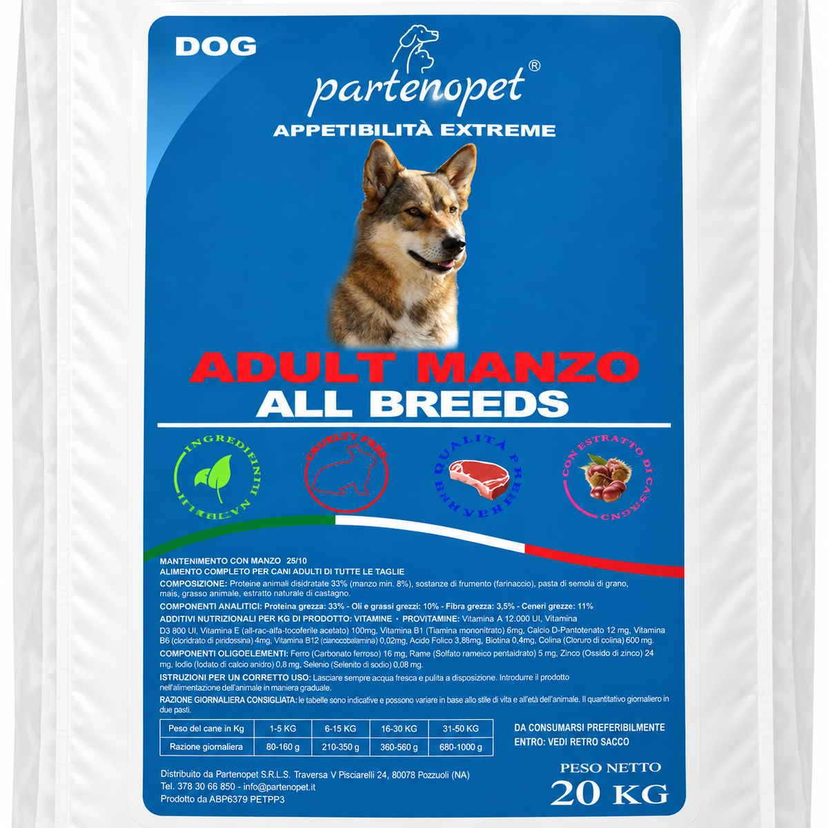 Dettaglio della confezione Partenopet Dog Adult Manzo All Breeds da 20 kg