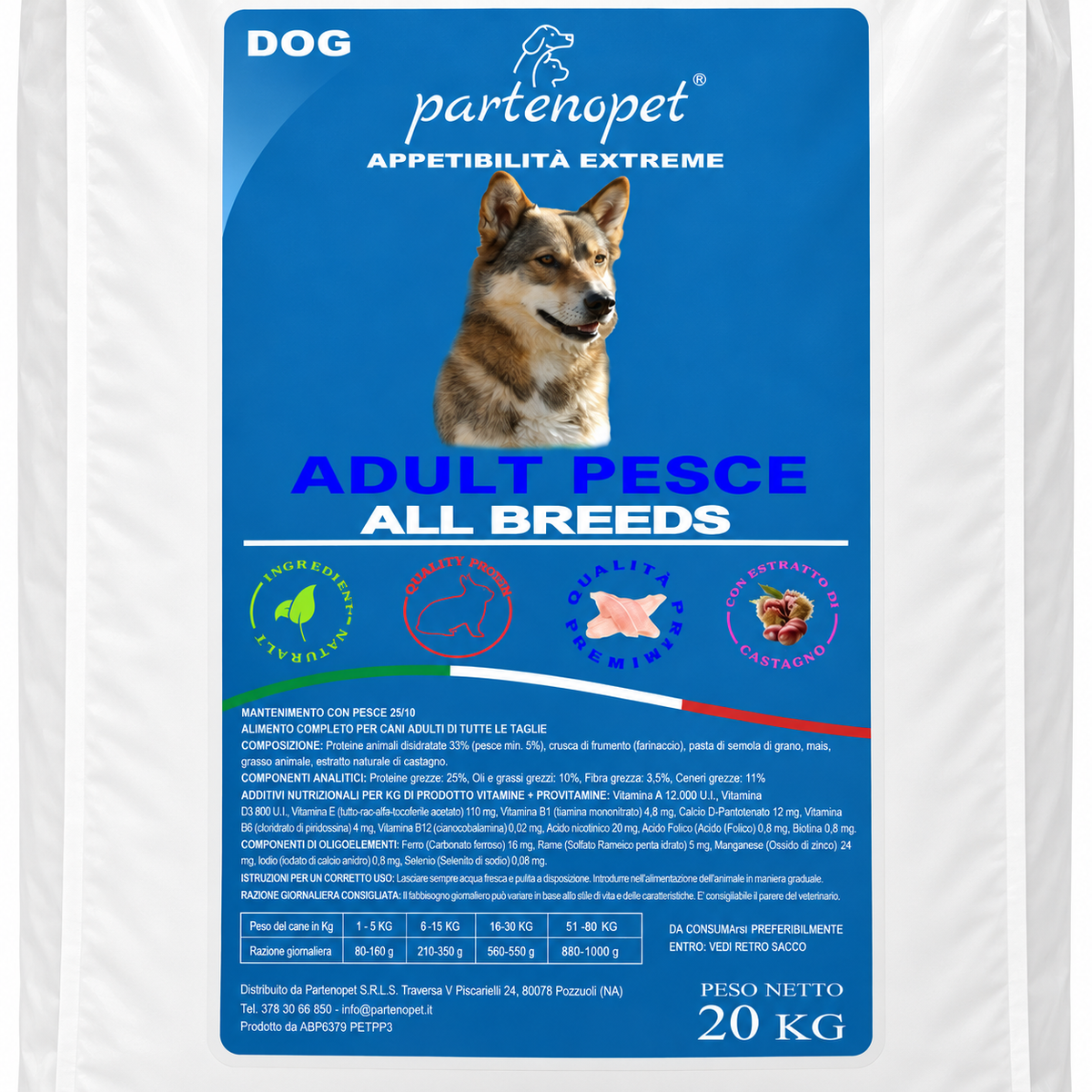 Dettaglio della confezione Partenopet Dog Adult Pesce All Breeds da 20 kg