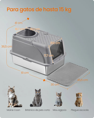 Lettiera per Gatti in Acciaio Inox XL con Coperchio | Doppio Ingresso, Antiperdita, 61 × 41 × 36,5 cm - Partenopet