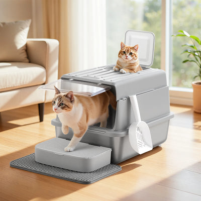 Lettiera per Gatti Grandi in Acciaio Inossidabile con Coperchio (60x40x38 cm) – Cassetta Igienica XXL da 28L Anti-Odore e Anti-Perdita, con Paletta e Tappetino inclusi - Partenopet