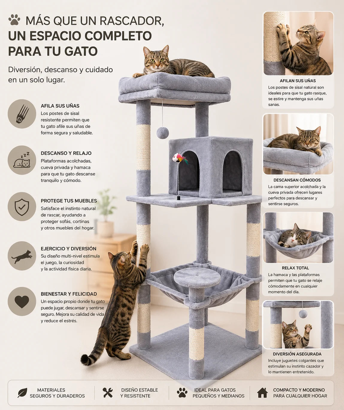Albero Tiragraffi per Gatti 55 × 45 × 143 cm | Con Cuccia, Amaca e Pali in Sisal