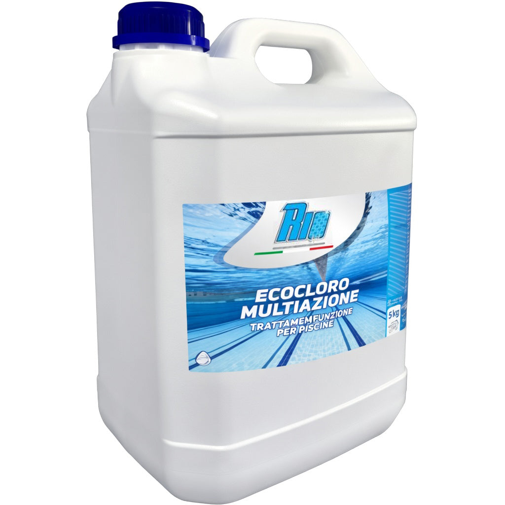 Tanica di EcoCloro Multiazione ecologico per piscina, trattamento 7 in 1 sanificante e antialghe senza odore di cloro, prodotto professionale Made in Italy da 1kg, 5kg e 10kg.