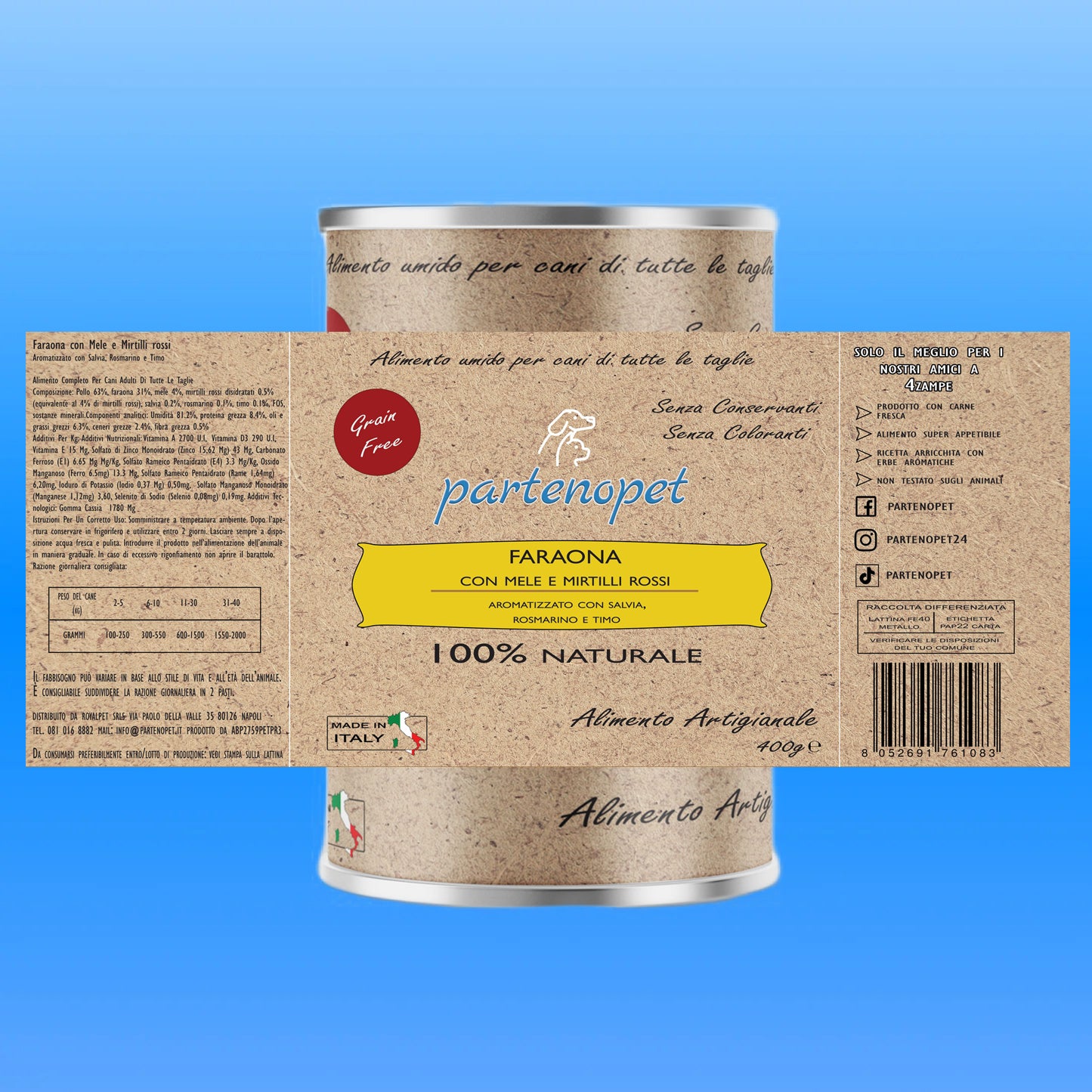 Partenopet Alimento Umido per Cani Grain Free Faraona con Mele e Mirtilli Rossi 400 g - Partenopet