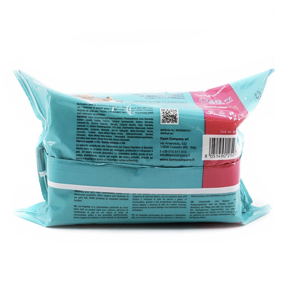 Confezione di salviette per cani e gatti con clorexidina e muschio bianco da 40 salviette
