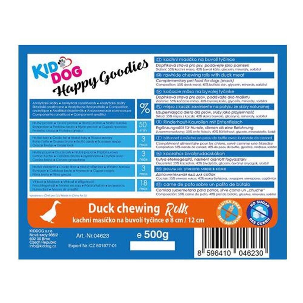 Busta di bastoncini di pelle di bufalo ricoperti di anatra essiccata Kid Dog da 500 g