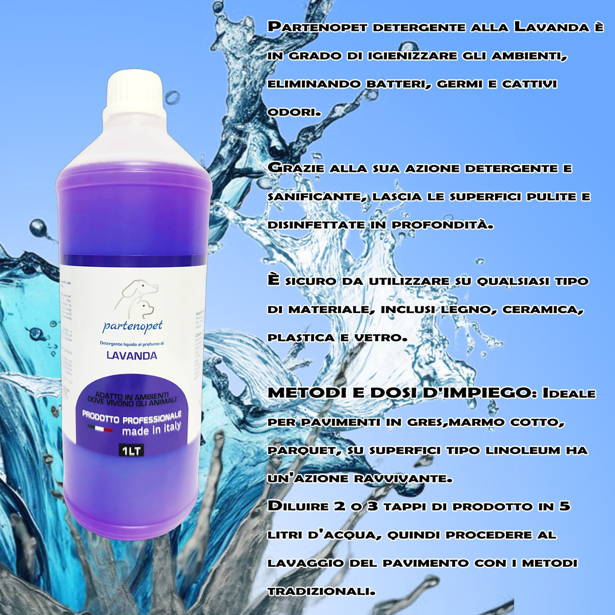 Partenopet Detergente Concentrato Elimina Odori per Tutte le Superifici Specifico per Ambienti con Animali alla Lavanda 1 L - Partenopet
