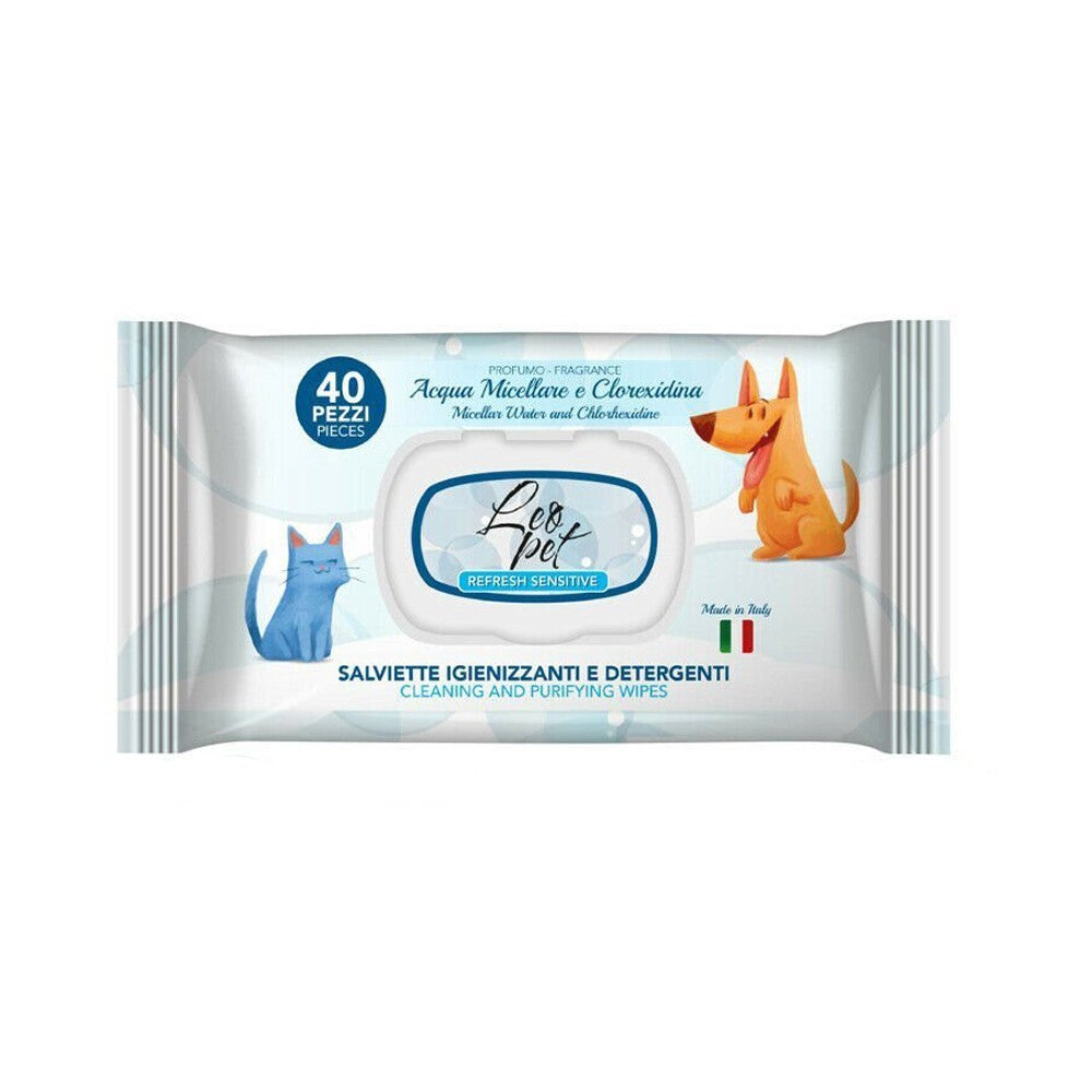 Confezione di salviette detergenti per cnai e gatti all'acqua e micellare e clorexidina Leopet da 40 salviette
