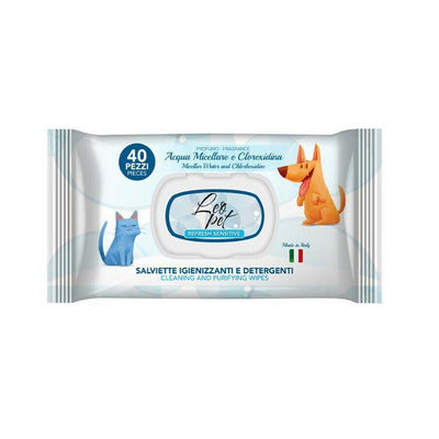 Confezione di salviette detergenti per cnai e gatti all'acqua e micellare e clorexidina Leopet da 40 salviette