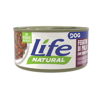 Scatoletta di cibo umido per cani con fegatini di pollo e cuori di pollo marca Life da 90 g