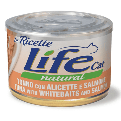 Cibo umido per gatti in sfilaccetti con tonno e alicette marca Life da 150 g