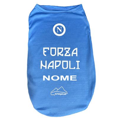 Maglietta blu azzurra per cani con scritta Forza Napoli e logo N bianca, abbigliamento sportivo per animali domestici tifosi del Napoli. Con personalizzazione del nome del cane.