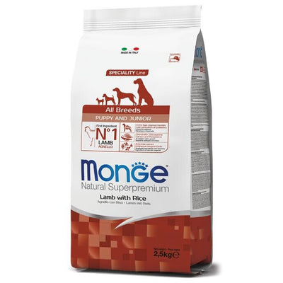 Busta di crocchette per cani cuccioli con agnello e riso Monge da 2,5 kg