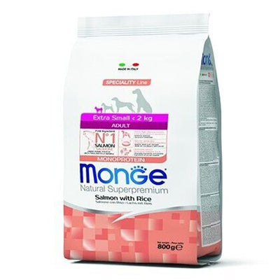 Busta di crocchette per cani adulti di taglia toy al salmone con riso Monge