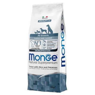 Busta di crocchette per cani cuccioli di tutte le taglie con trota riso e patate Monge da 12 kg