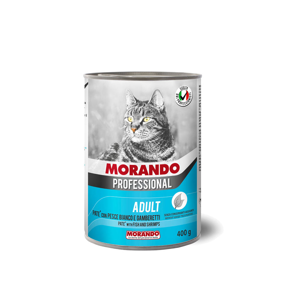 Lattina di alimento umido per gatti con pesce bianco e gamberetti Morando da 400 g