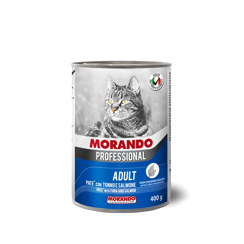 Barattolo di alimento umido per gatti patè con tonno e salmone Morando da 400 g