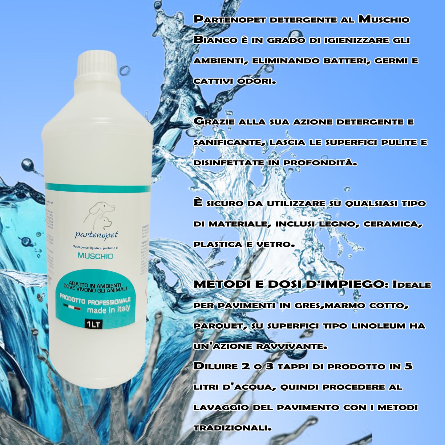 Partenopet Detergente Concentrato Elimina Odori per Tutte le Superifici Specifico per Ambienti con Animali al Muschio Bianco 1 L - Partenopet