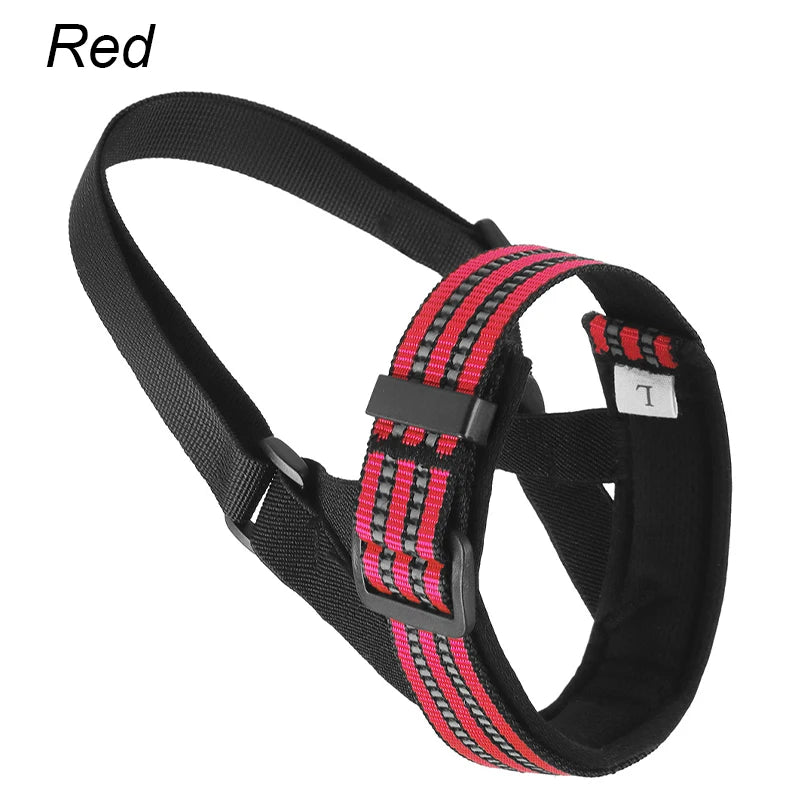 Museruola per cani in nylon nero con bordi riflettenti, imbottitura interna morbida e fibbia a scatto, ideale per cani di piccola, media e grande taglia.