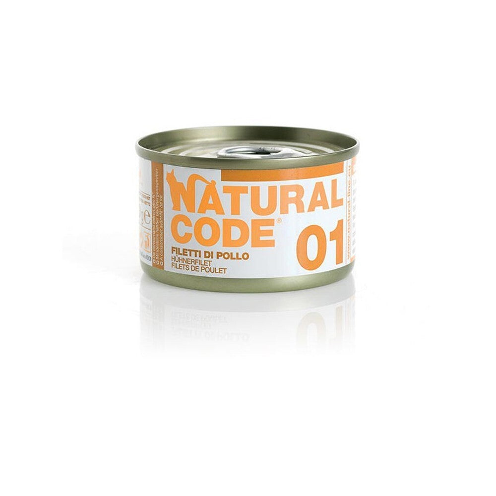 Scatoletta di alimento umido per gatti con filetti di pollo Natural Code da 85 g