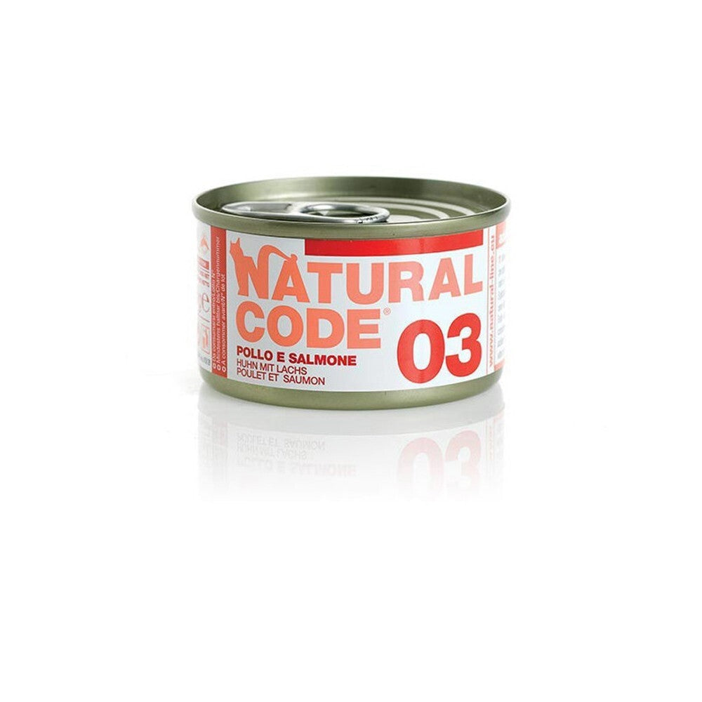 Scatoletta alimento umido per gatti al pollo e salmone Natural Code da 85 g