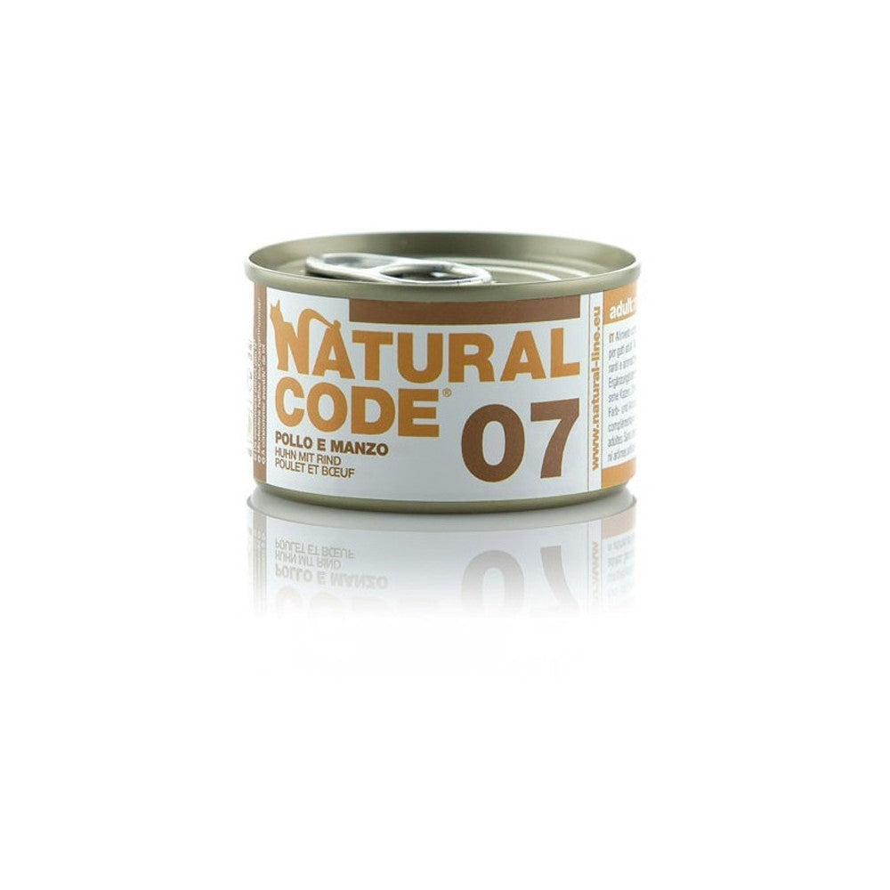 Scatoletta di alimento umido per gatti con pollo e manzo Natural Code da 85 g