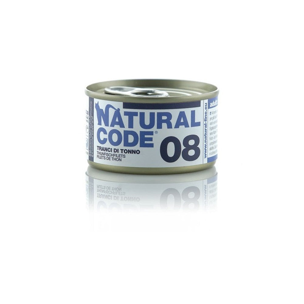 Scatoletta di alimento umido per gatti con tranci di tonno Natural Code da 85 g