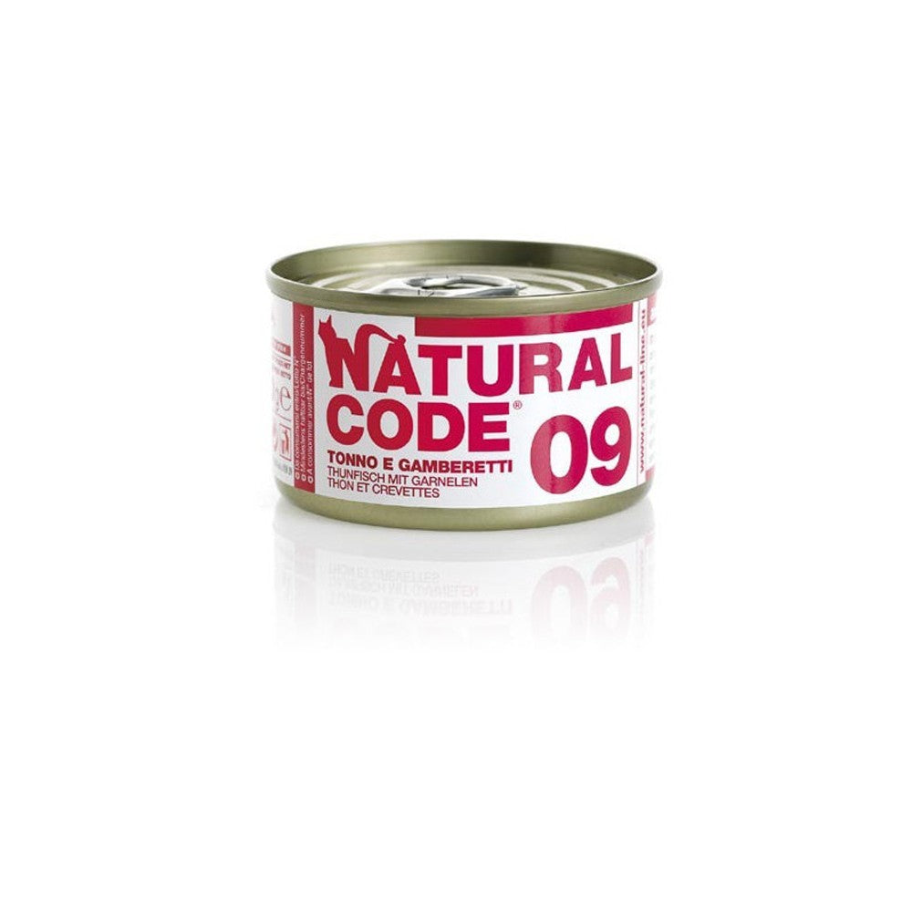 Scatoletta di alimento umido per gatti con tonno e gamberetti Natural Code da 85 g