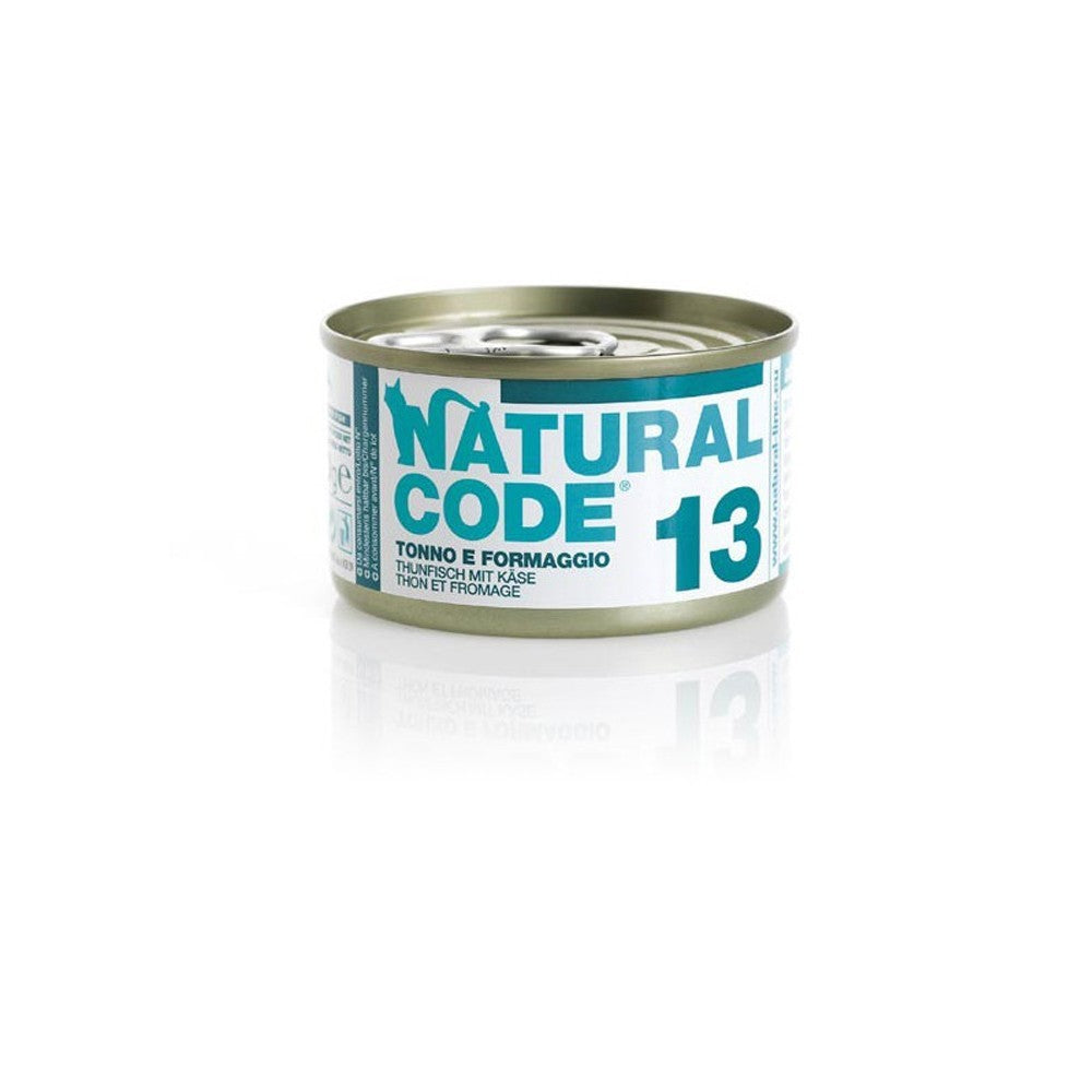 Scatoletta di alimento umido con tonno e formaggio Natural Code da 85 g